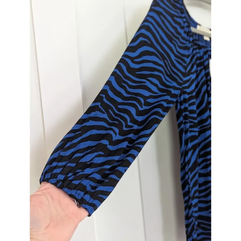 Michael Kors Top Blue Black Zebra Print Scoop Neck 3/4 Sleeve Shirt Sz M NWT